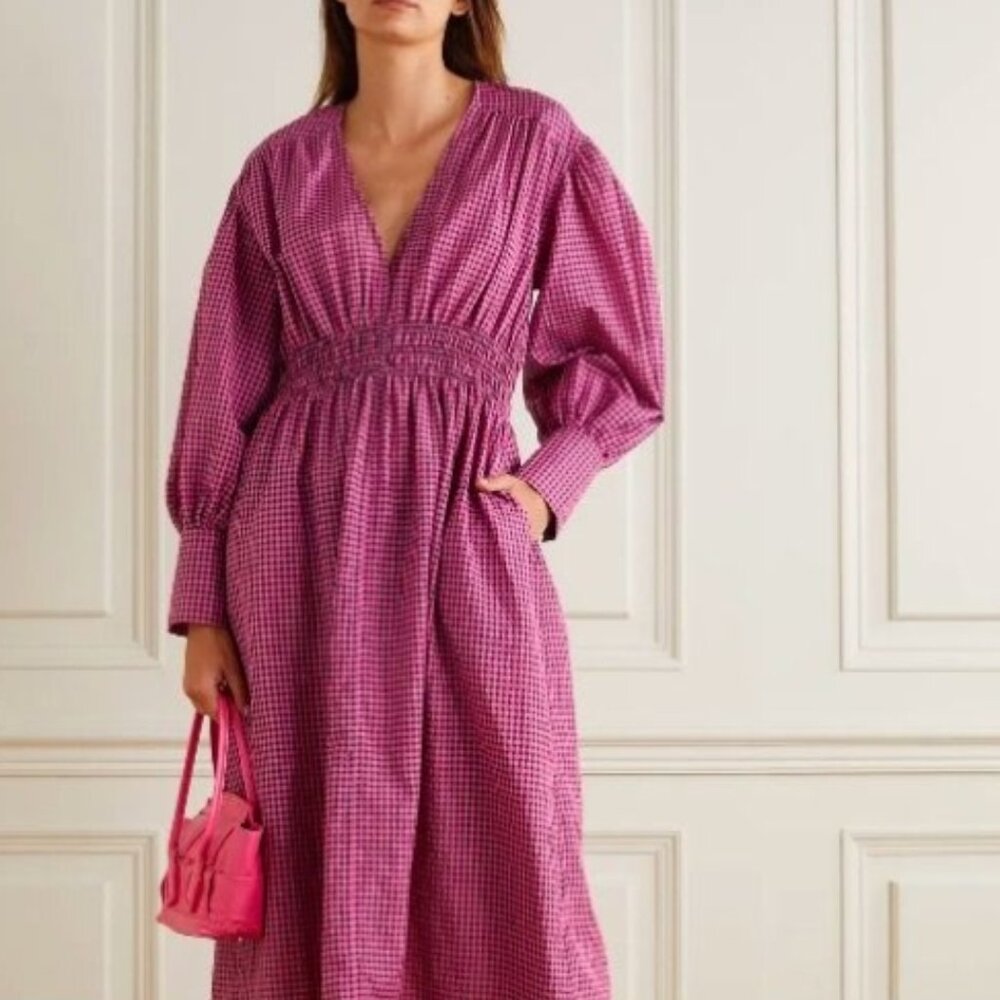 NWT Ganni Seersucker Check Plaid Carmine Rose Midi Long Sleeves Dress $325